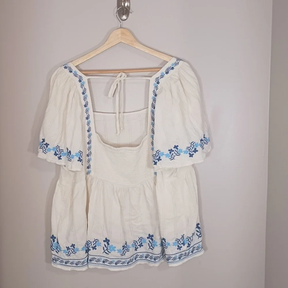 Old Navy Embroidered Peasant Blouse 3X Blue White Square Neck Plus Size Boho